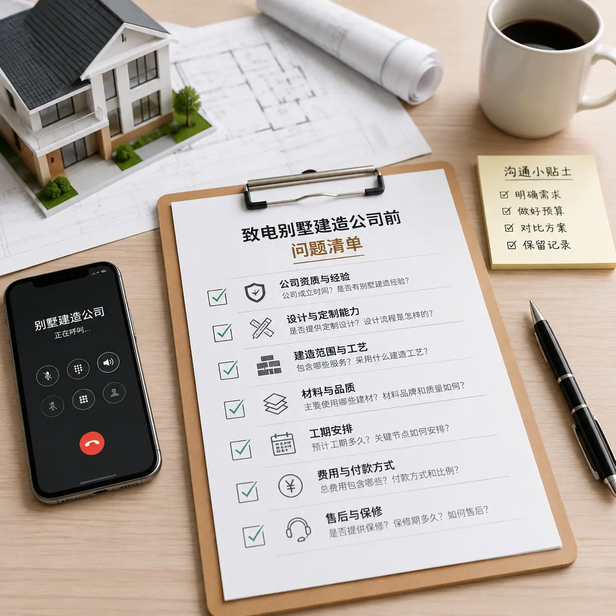 在施秉拨打别墅建造公司电话前的准备工作